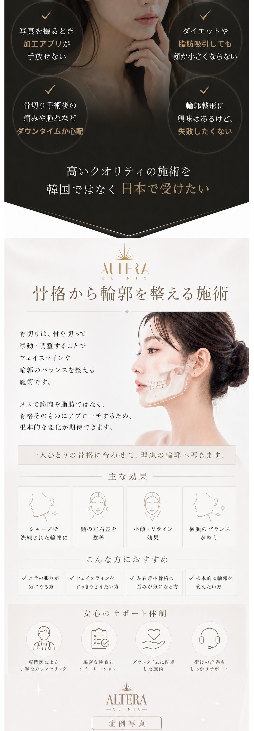 こんな輪郭のお悩みありませんか｜骨格から輪郭を整える施術＝骨切りの説明と主な効果
