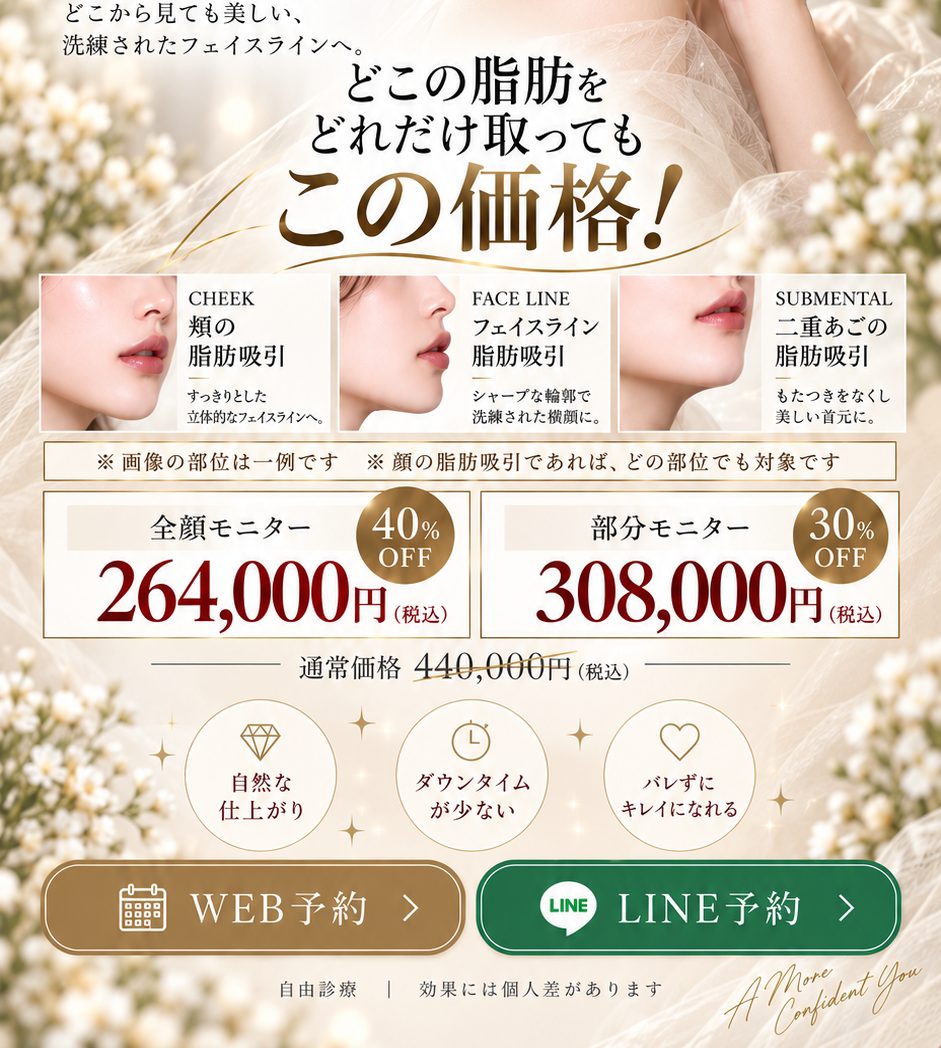 Premium Liposuction カスタマイズ脂肪吸引 全顔モニター264,000円・部分モニター308,000円（税込・通常440,000円）｜ご予約はWEB予約・LINE予約から｜福岡・天神の美容外科 Altera Clinic