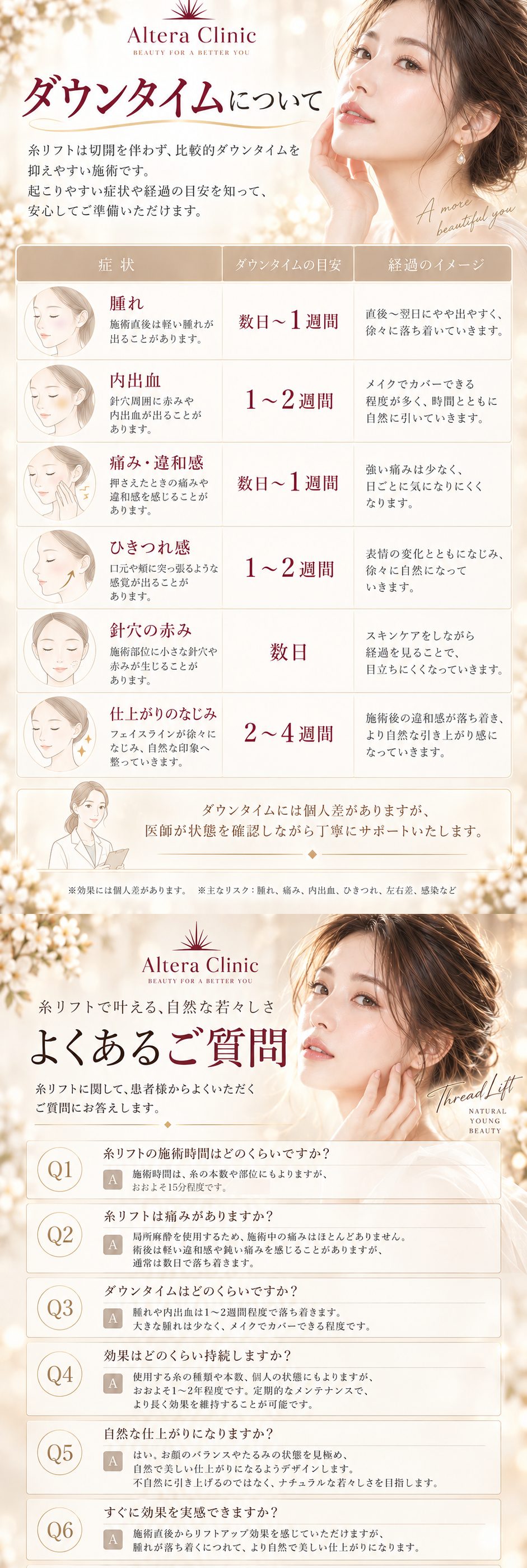 糸リフトのダウンタイムについて｜腫れ・内出血・痛み・ひきつれ感・針穴の赤み・仕上がりのなじみの目安と経過｜よくあるご質問（施術時間・痛み・ダウンタイム）