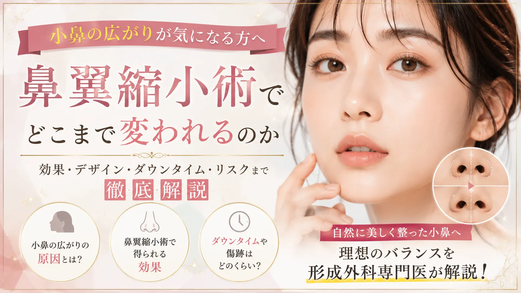 小鼻の広がりが気になる方へ向けて、鼻翼縮小術の効果や変化、ダウンタイムを解説する美容外科コラムのアイキャッチ画像