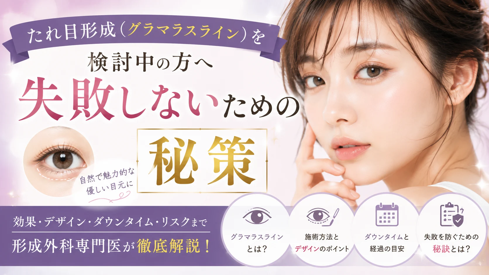 たれ目形成（グラマラスライン）を検討している方へ向けて、失敗しないポイントや施術方法を解説する美容外科コラムのアイキャッチ画像