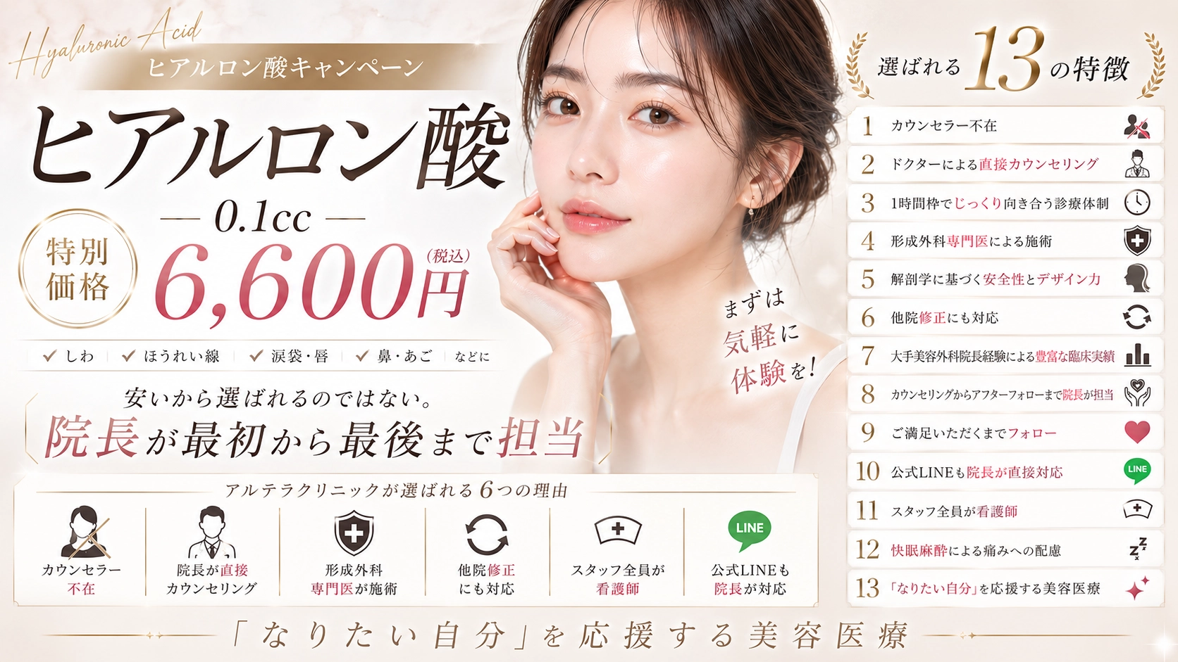 福岡・天神のアルテラクリニックによるヒアルロン酸注入キャンペーン｜0.1cc税込6,600円・形成外科専門医が施術