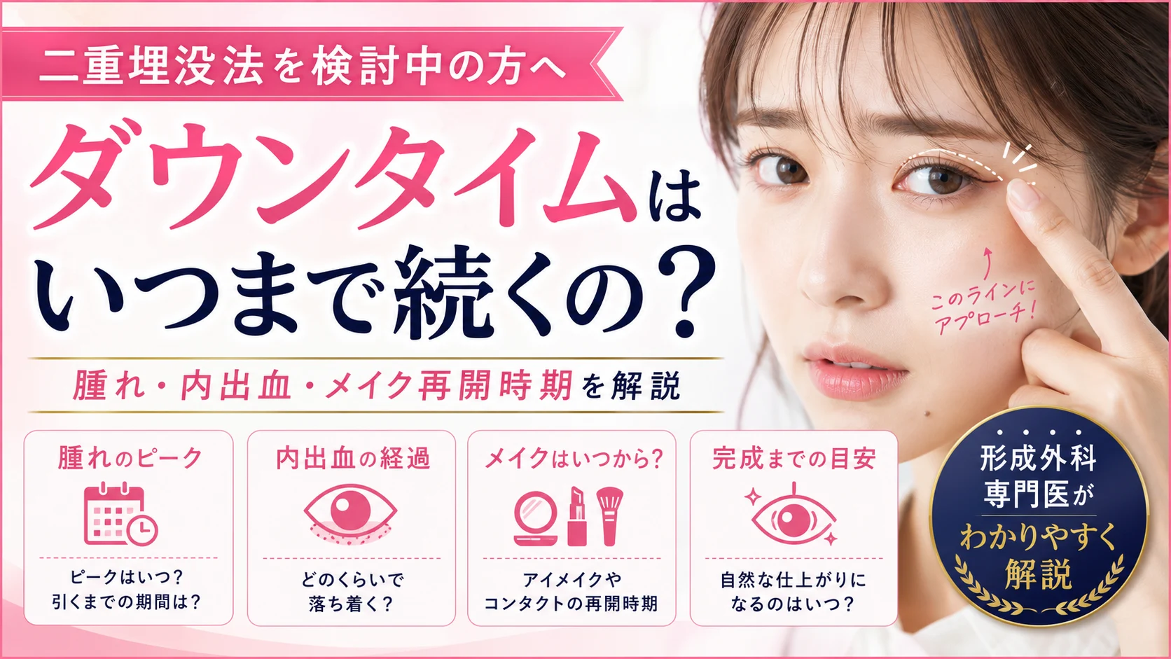 二重埋没法のダウンタイムについて、腫れや内出血、メイク再開時期、完成までの経過を解説する美容外科コラムのアイキャッチ画像