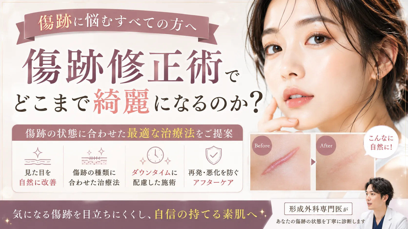 傷跡修正術でどこまで綺麗になるのかを解説する美容外科コラムのアイキャッチ画像。傷跡修正手術の効果や治療方法について紹介。