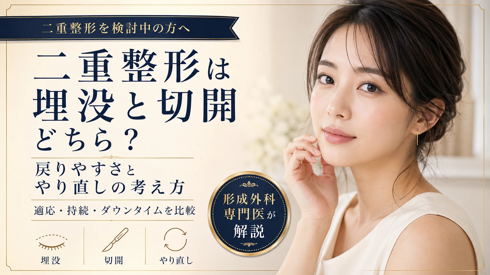 二重整形の埋没法と切開法の違いや、戻りやすさ・やり直しの考え方を形成外科専門医が解説する美容外科コラムのアイキャッチ画像