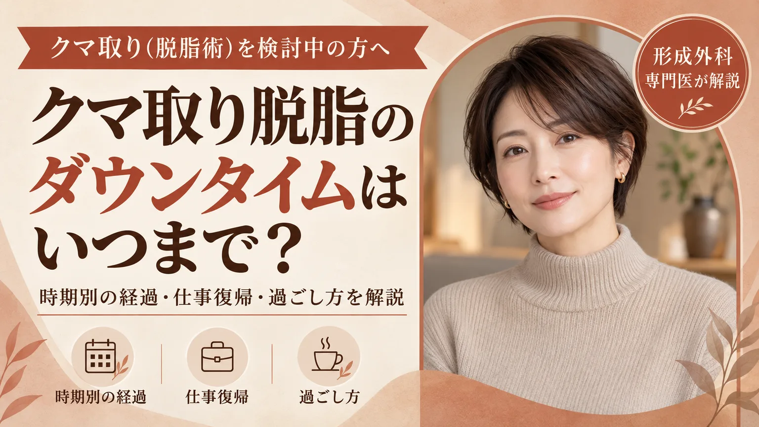 クマ取り（脱脂術）を検討中の方へ、クマ取り脱脂の ダウンタイムは いつまで？。時期別の経過・仕事復帰・過ごし方を形成外科専門医が解説するコラムのアイキャッチ画像